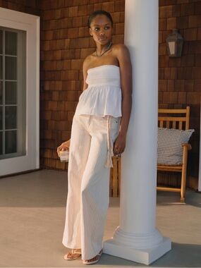 Abercrombie High Rise Wide Leg Linen-Blend Denim Jean, Cream Stripe, 24 long